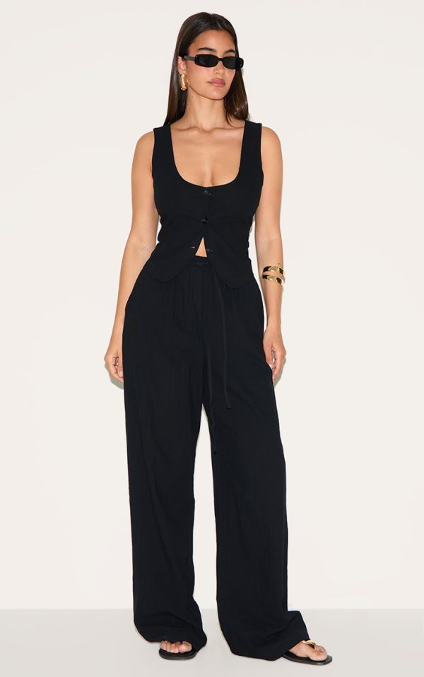 Black Linen Look Tailored Draw String Wide Leg Pant