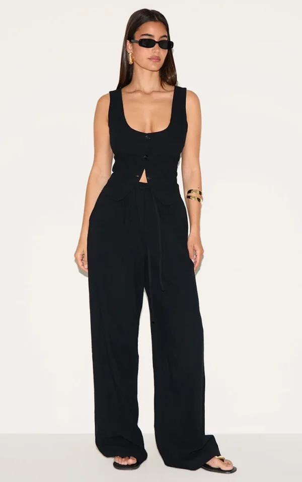 Black Linen Look Tailored Draw String Wide Leg Pant