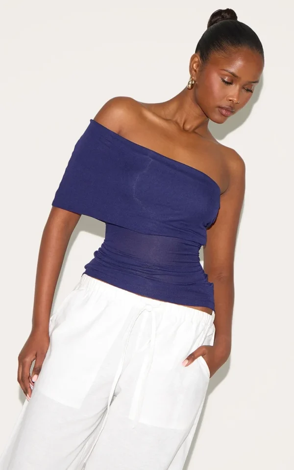 Navy Sheer Soft Touch Fold Over Detail One Shoulder Long Top