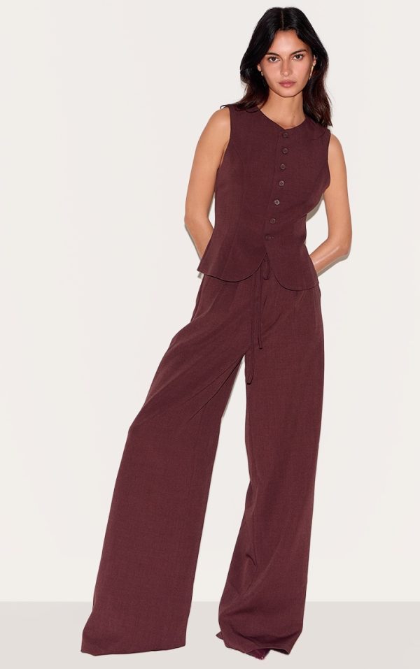 Wine Tailored Tie Detail Woven Wide Leg Pants
