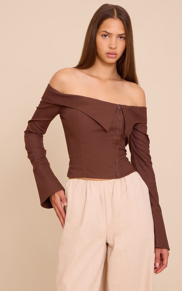 Chocolate Linen Bardot Button Up Shirt
