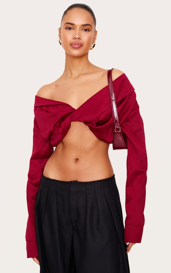 Burgundy Satin Bardot Twist Front Crop Blouse