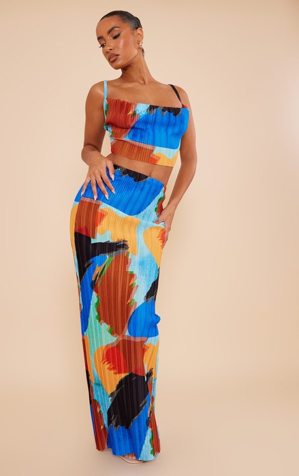 Blue Abstract Print Plisse Maxi Skirt