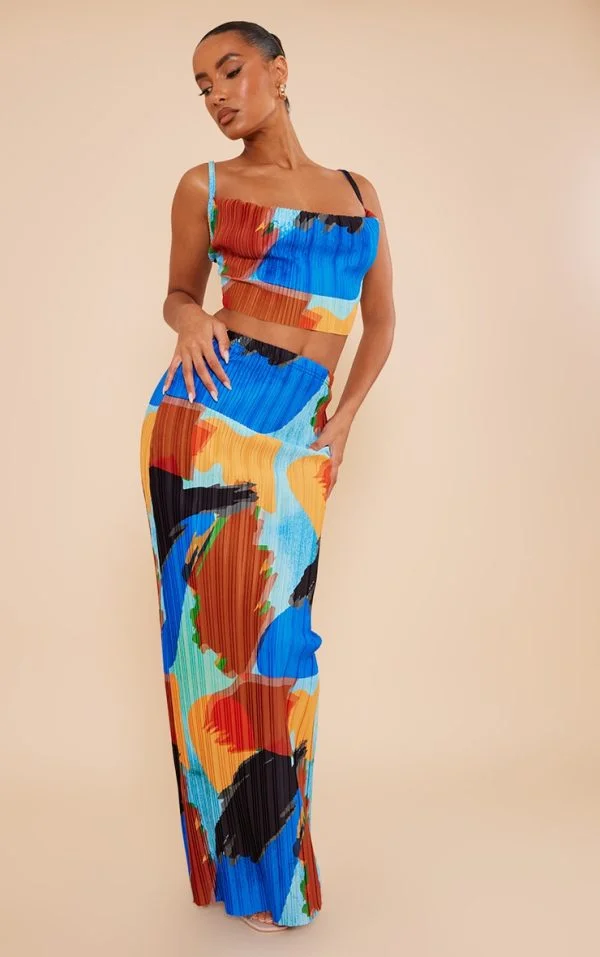 Blue Abstract Print Plisse Maxi Skirt