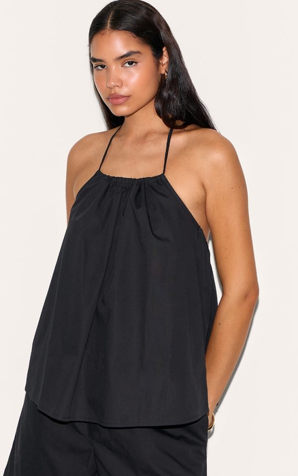 Tall Black Poplin Low Back Halterneck Top