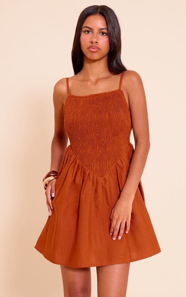 Petite Rust Spaghetti Strap Shirred Bodice Shift Dress