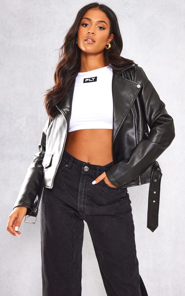 Tall Black Faux Leather Zip Detail Biker Jacket