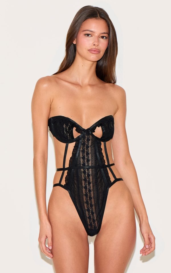 Black Textured Lace Cut Out Bandeau Bodysuit