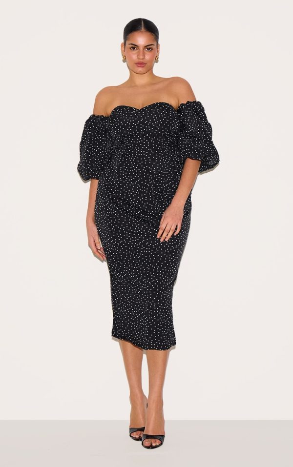 Plus Black Polka Dot Bandeau Puff Sleeve Midi Dress