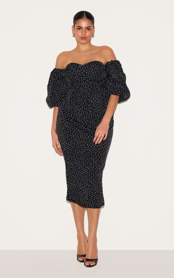 Plus Black Polka Dot Bandeau Puff Sleeve Midi Dress