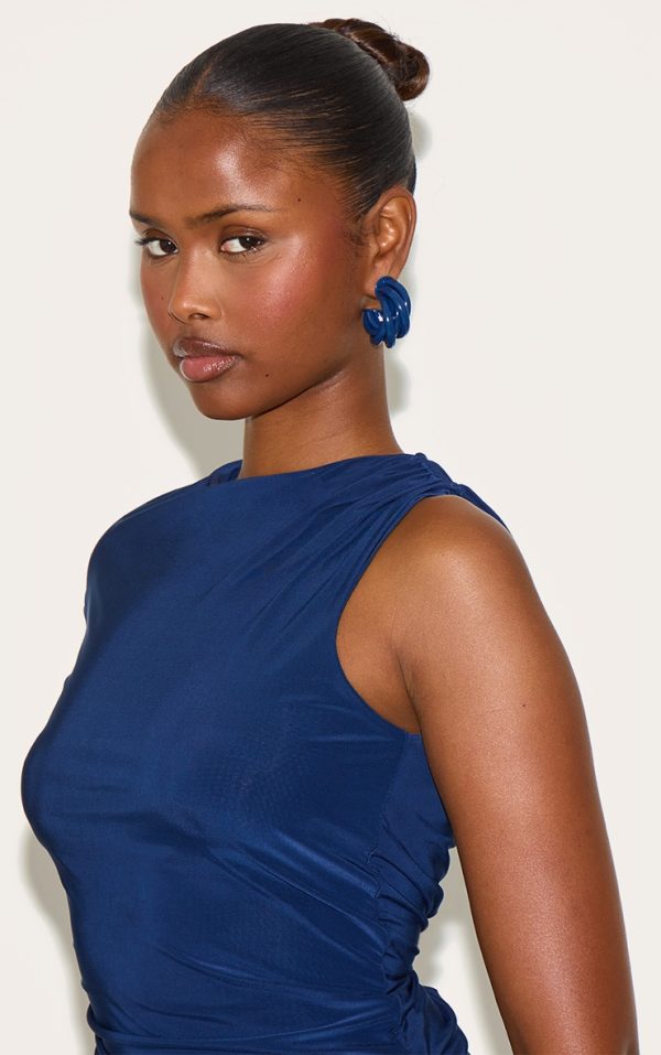 Navy Blue Twist Detail Hoop Earrings