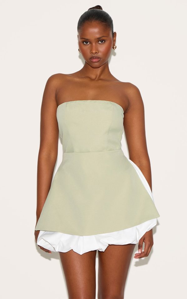 Sage Green Tailored Bandeau Puffball Hem Shift Dress