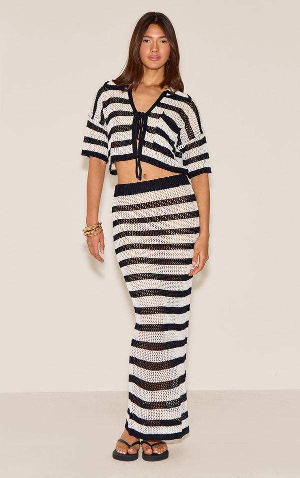 Monochrome Crochet Stripe Knit Maxi Skirt