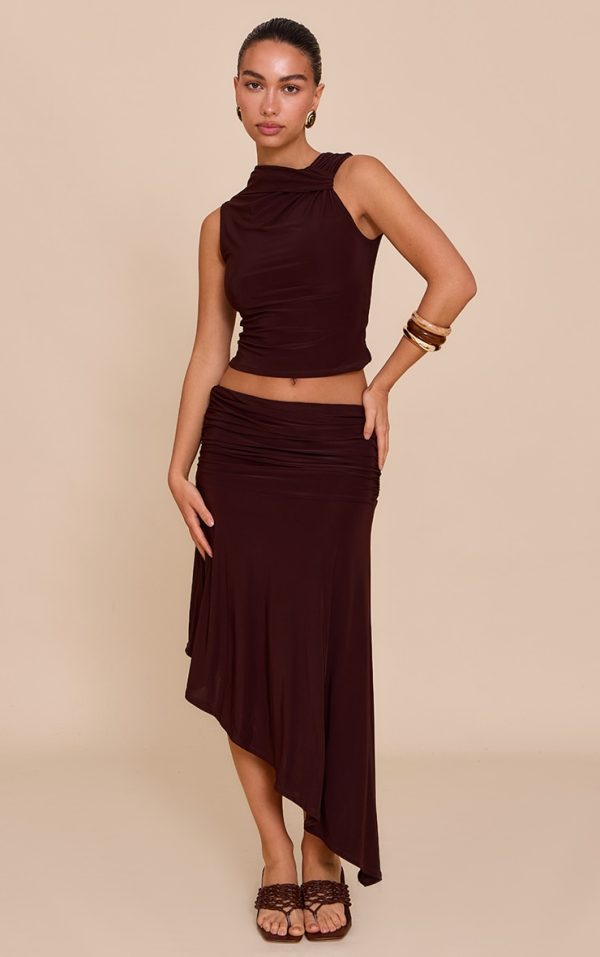 Chocolate Double Layer Slinky Asymmetrical Ruched Midaxi Skirt