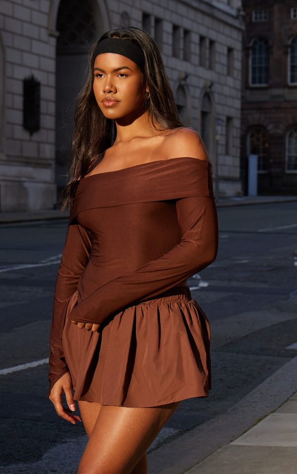 Chocolate Slinky Bardot Asymmetric Long Top