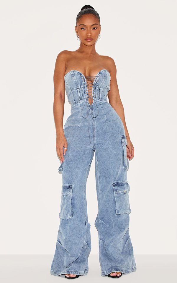 Shape Vintage Mid Wash Denim Bandeau Lace Up Front Wide Leg Jumpsuit