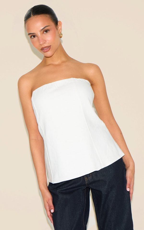 Petite White Lightweight Linen Look Woven Bandeau Long Line Top