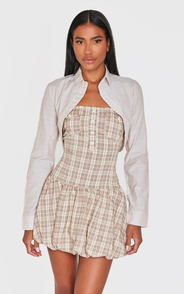 Butter Cream Contrast Pattern Shirt Detail Puffball Dress