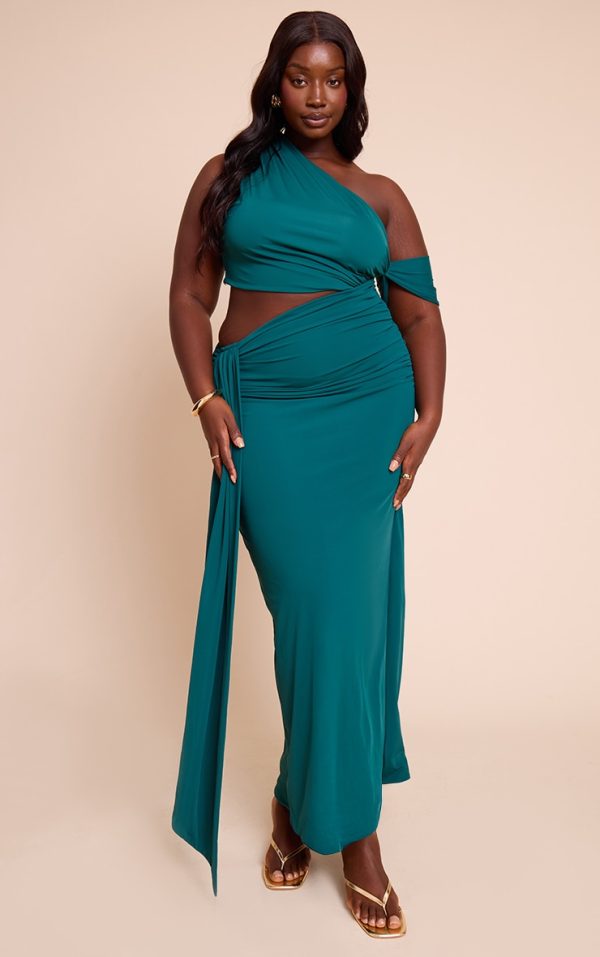 Plus Teal Soft Touch Ruched Asymmetric Cut Out Maxi Dress