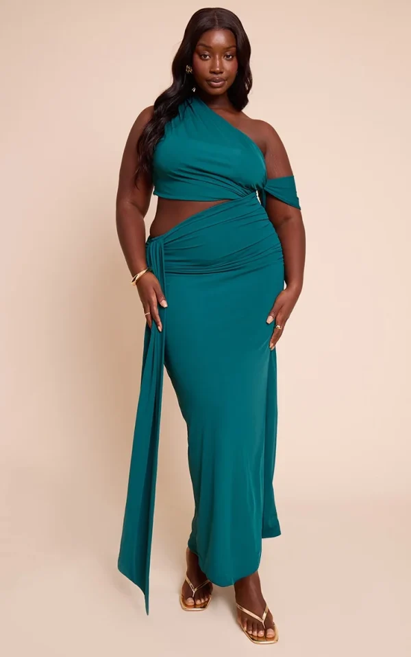 Plus Teal Soft Touch Ruched Asymmetric Cut Out Maxi Dress
