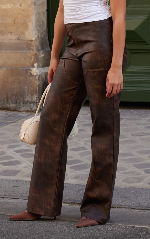 Washed Brown Faux Leather Seam Detail Pants