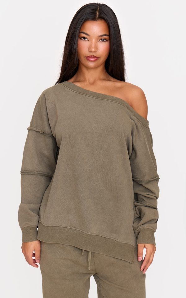 Khaki Washed Off The Shoulder Frayed Seam Detail Sweatshirt