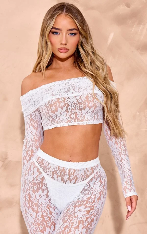 White Lace Long Sleeve Bardot Foldover Top