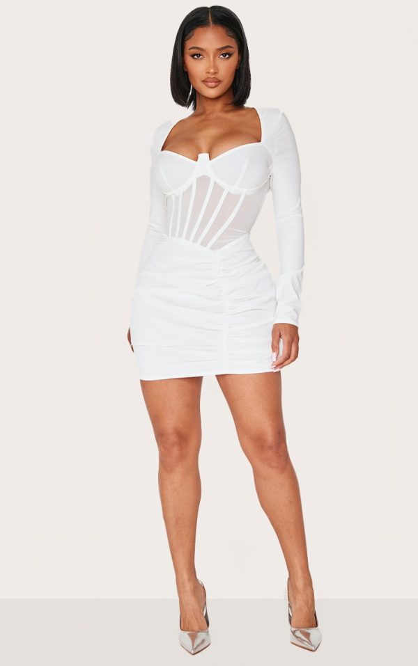 Shape WhiteMesh Insert Corseted Ruched Side Mini Dress