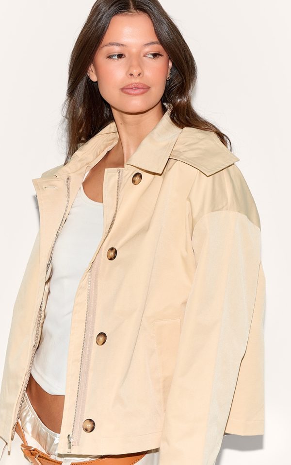 Beige Hooded Zip Up Trench