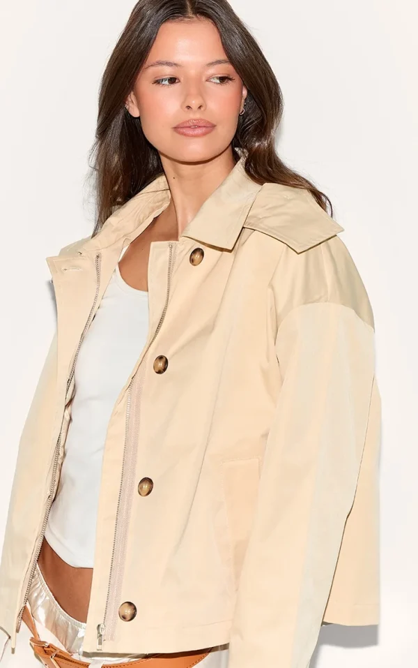Beige Hooded Zip Up Trench