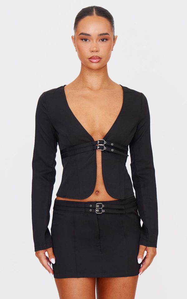 Black Tailored Woven Buckle Detail Long Sleeve Top