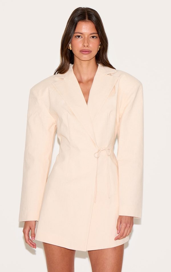 Cream Linen Blend Tie Detail Blazer Dress