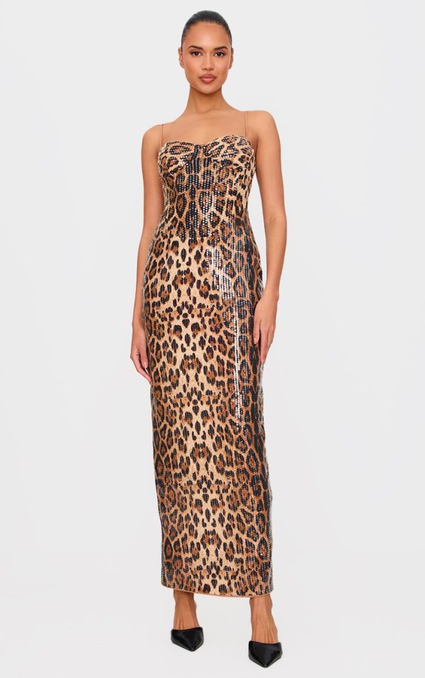 Leopard Sequin Strappy Corset Detail Maxi Dress