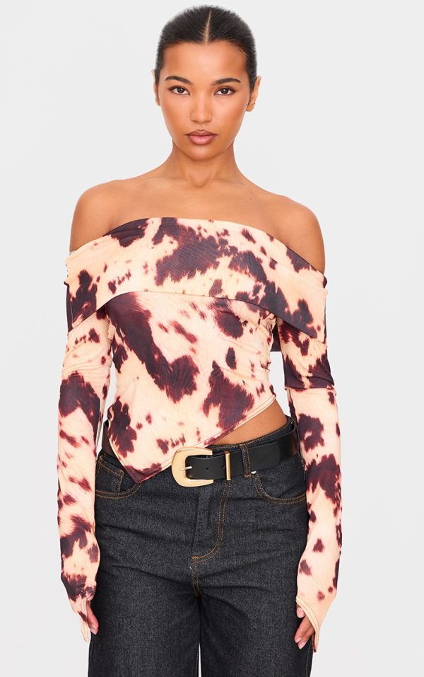 Brown Cow Print Slinky Bardot Asymmetric Long Top