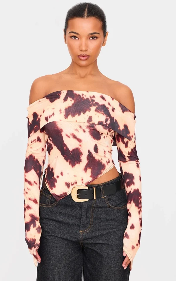 Brown Cow Print Slinky Bardot Asymmetric Long Top
