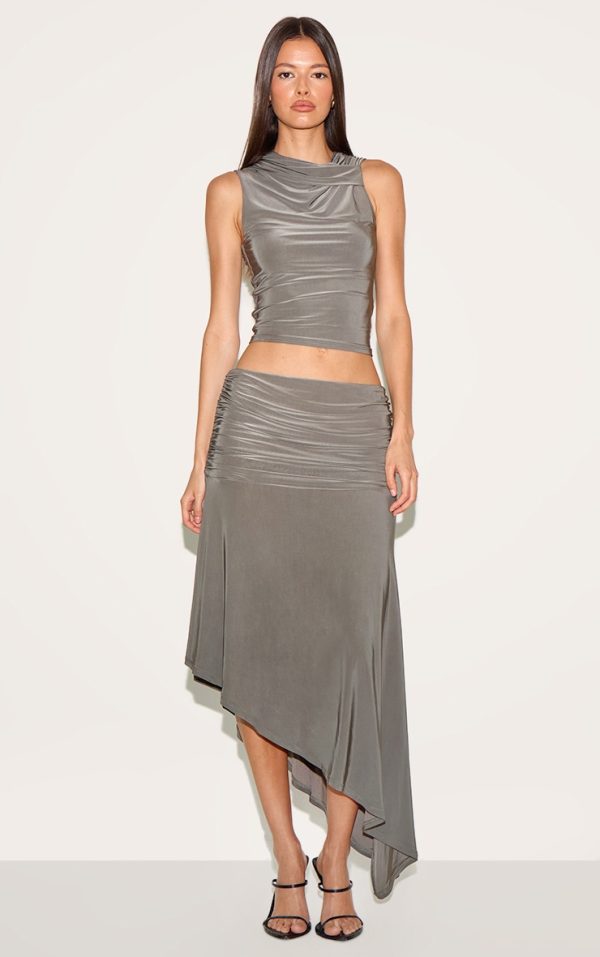 Mushroom Double Layer Slinky Asymmetrical Ruched Midaxi Skirt