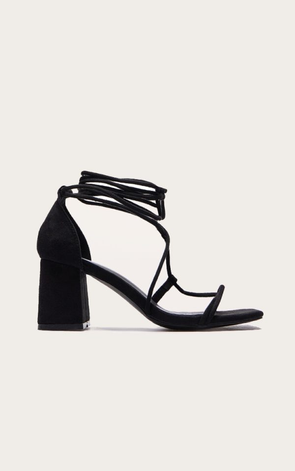 Black Faux Suede Square Toe Lace Up Block Heel Sandals