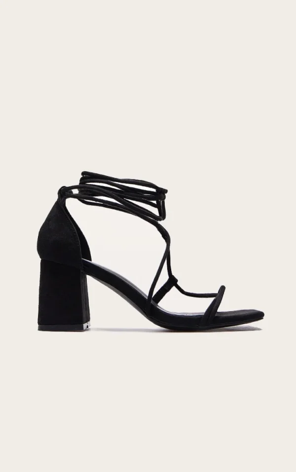 Black Faux Suede Square Toe Lace Up Block Heel Sandals
