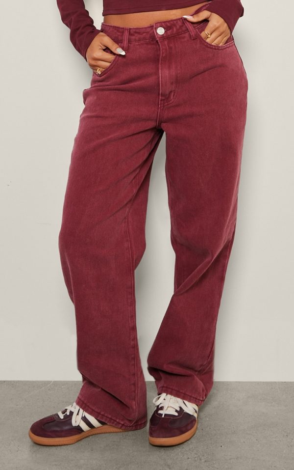 Petite Burgundy Washed High Waist Straight Leg Jeans