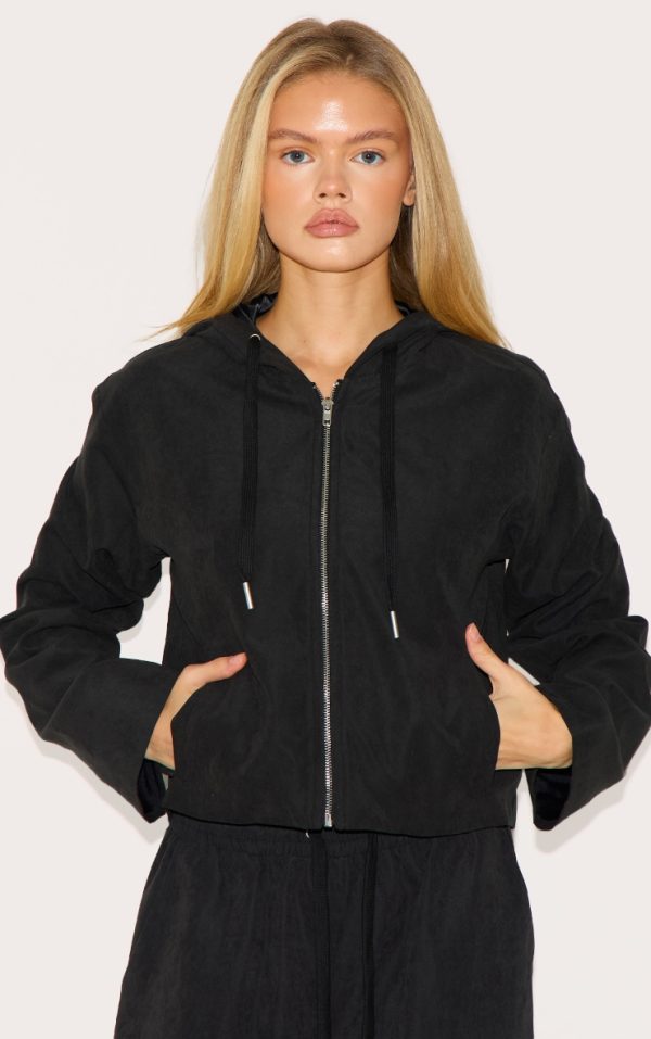 Black Peach Skin Woven Zip Up Jacket