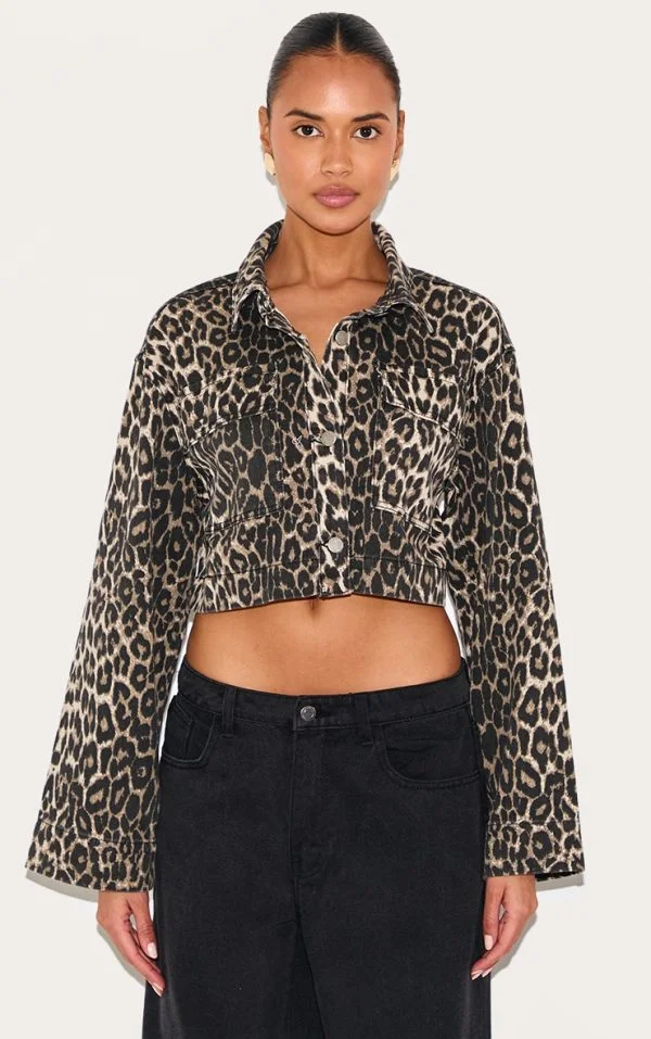 Leopard Print Denim Cropped Jacket