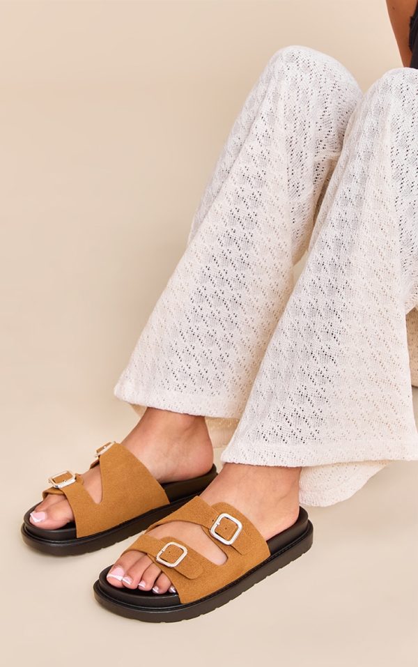 Camel Faux Suede Double Buckle Footbed Sandals
