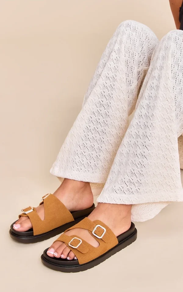 Camel Faux Suede Double Buckle Footbed Sandals
