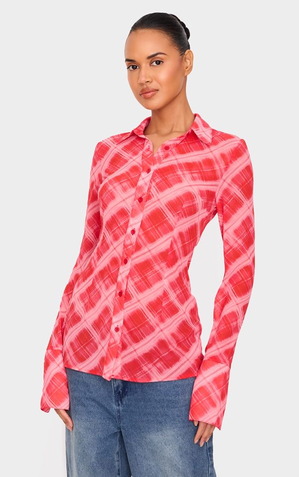 Red Check Print Chiffon Fitted Shirt
