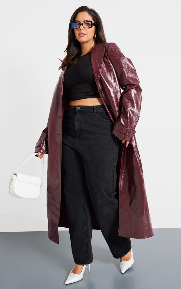 Plus Wine High Shine Textured Faux Leather Maxi Coat