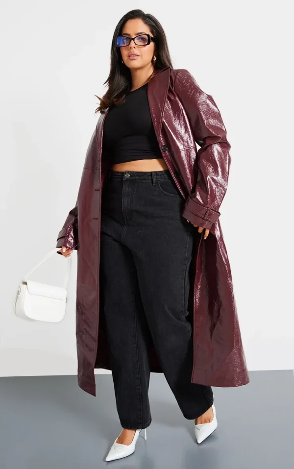 Plus Wine High Shine Textured Faux Leather Maxi Coat