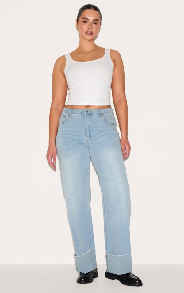 Shape Light Blue Stretch Denim Highwaisted Distressed Turn Up Hem Jeans