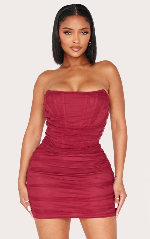 Shape Burgundy Mesh Corseted Detail Ruched Bodycon Dress