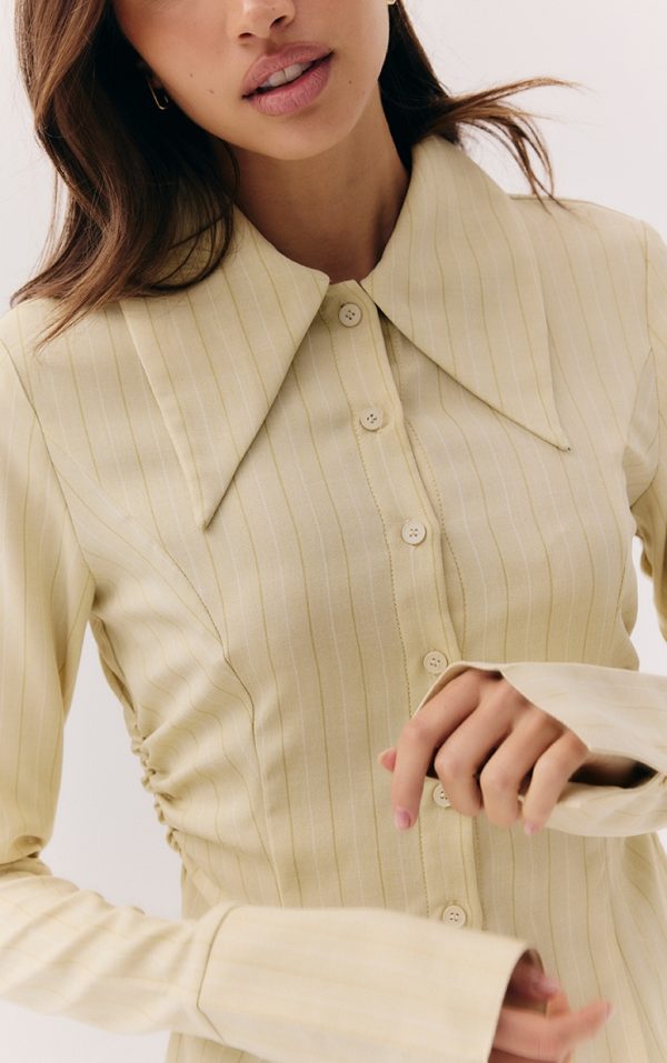 Butter Yellow Pinstripe Oversized Collar Fitted Shirt