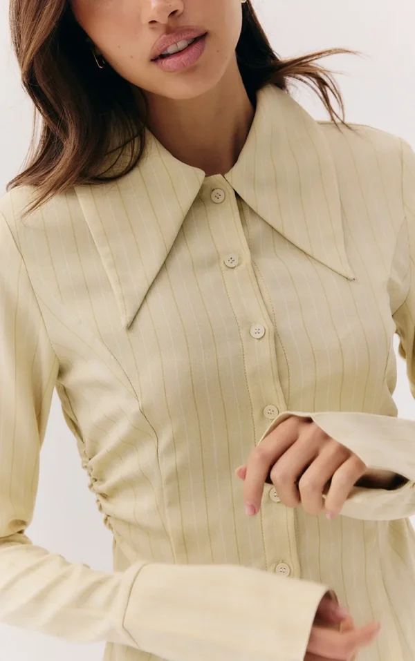 Butter Yellow Pinstripe Oversized Collar Fitted Shirt